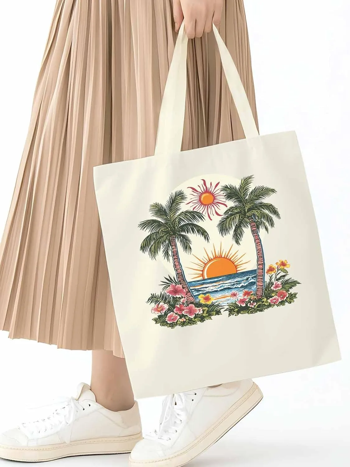 Canvas Tote Bag, Boho Sun Beach Palm Trees Floral patterned Canvas Tote Handbags for Women Shoulder Bag,