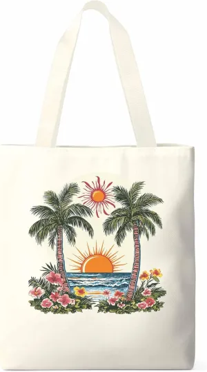 Canvas Tote Bag, Boho Sun Beach Palm Trees Floral patterned Canvas Tote Handbags for Women Shoulder Bag,
