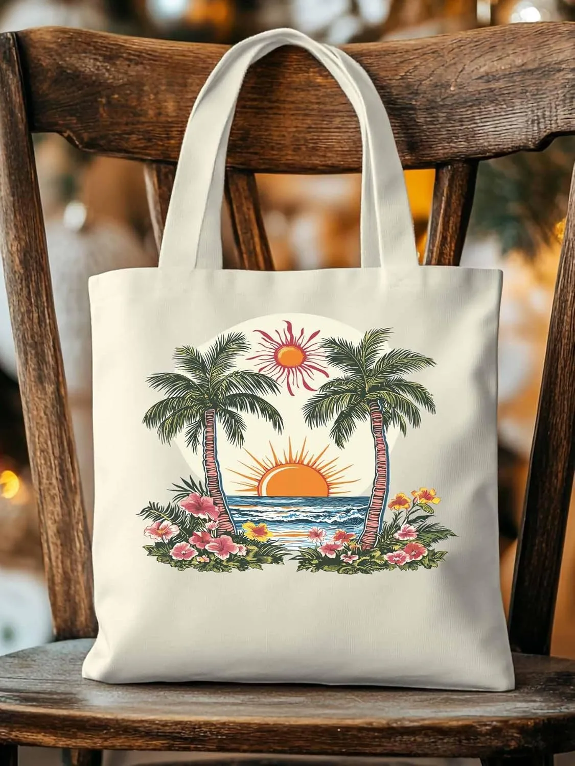 Canvas Tote Bag, Boho Sun Beach Palm Trees Floral patterned Canvas Tote Handbags for Women Shoulder Bag,