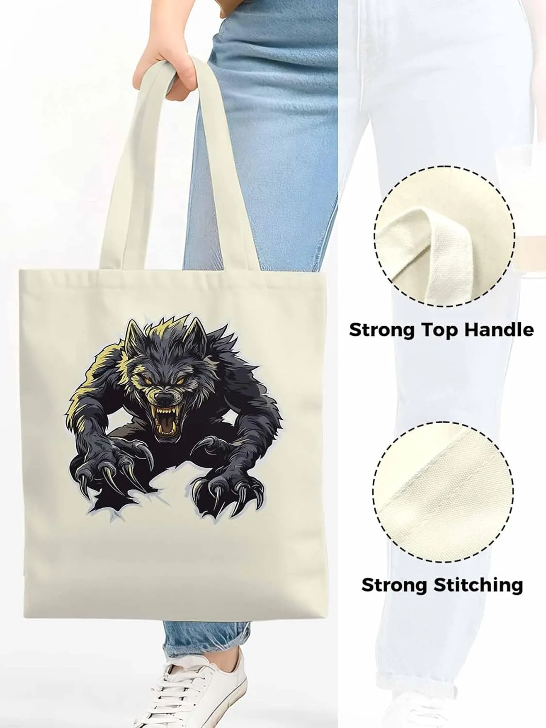 Canvas Tote Bag, Fierce Monsters Wolves Aesthetic Canvas Tote Handbags for Women Shoulder Bag