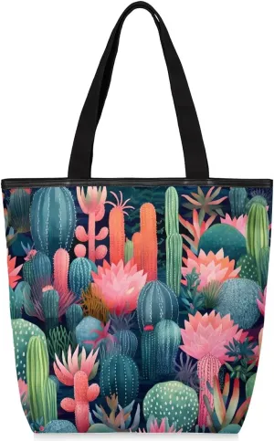 Canvas Tote Bag for Women Men Cactus Plants Floral Canvas Handbag Shoulder Tote Bag with Zipper Closure Reusable Grocery Bag Shopping Cloth Bag with Handles for Beach Gym Picnic Work