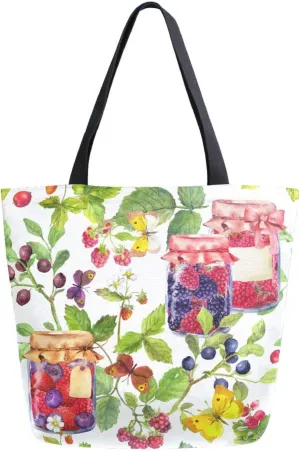 Canvas Tote Bag Glass Jars Berries Women Shoulder Bag Summer Floral Butterflies Reusable Grocery Bags Large Handbag Travel Shopping Bag for School Nursing Gift Outdoors