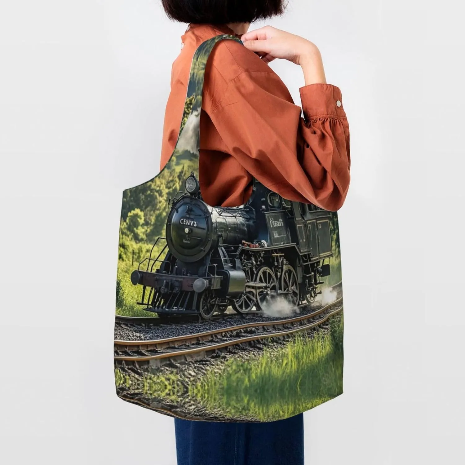 Canvas Tote Bag Lightweight Reusable Grocery Shopping Bag Teal Grey and White Floral Handbag for Women Men
