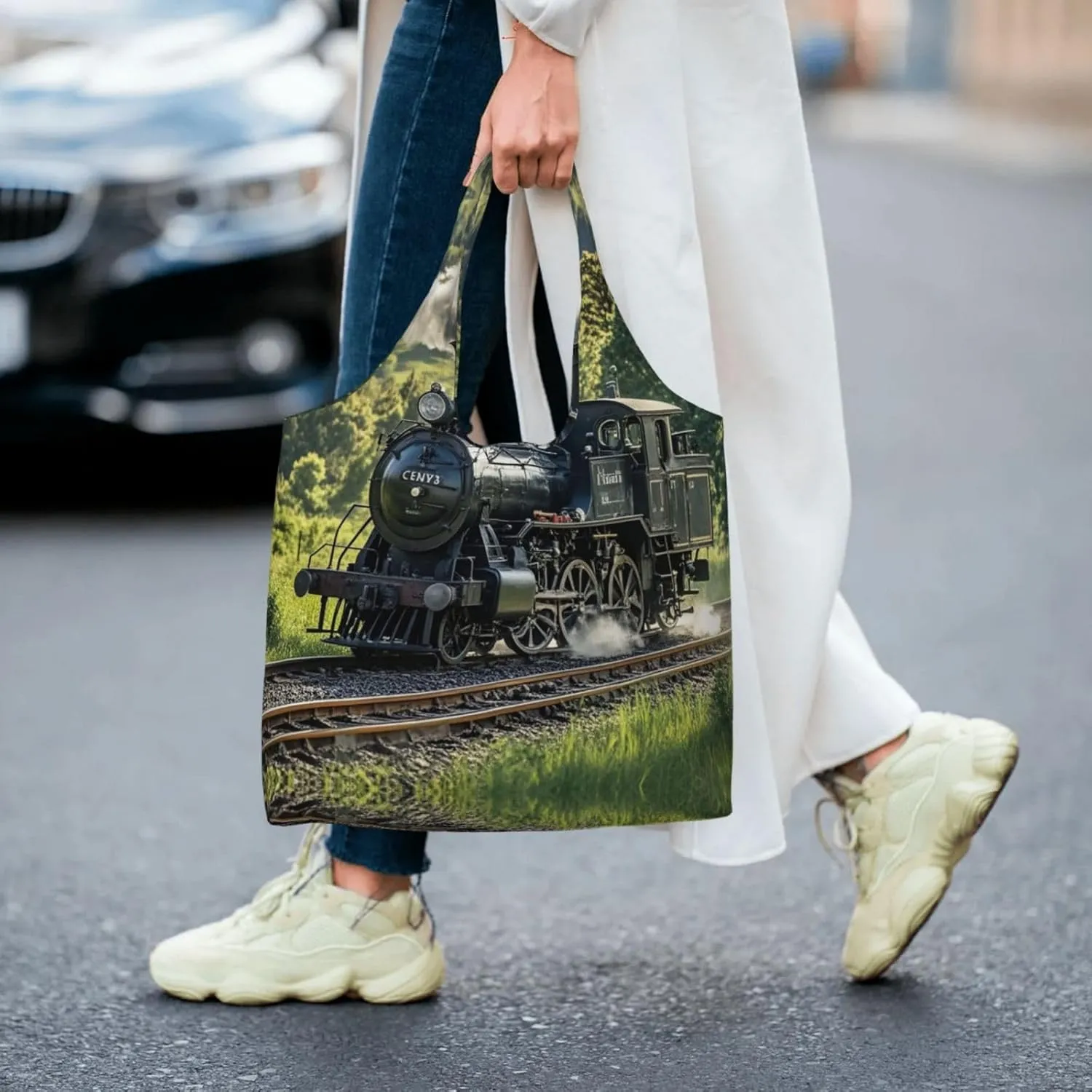 Canvas Tote Bag Lightweight Reusable Grocery Shopping Bag Teal Grey and White Floral Handbag for Women Men