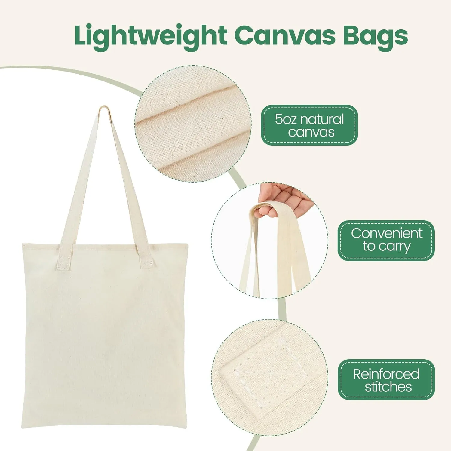 Canvas Tote Bag - Lightweight Thin Tote Bags Bulk Blank Reusable Grocery Bags for DIY Gift Sublimation Activity