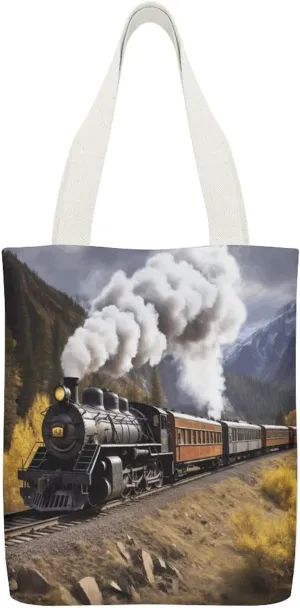 Canvas Tote Bag, Steam Locomotive Train Print Reusable Canvas Bag Large Capacity Tote Durable Canvas Tote Handbag with Inner Pocket
