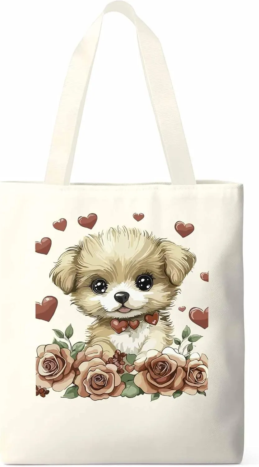 Canvas Tote Bag, Valentine's Day Aesthetic Canvas Tote Handbags for Women Shoulder Bag Cute Dog Cartoon