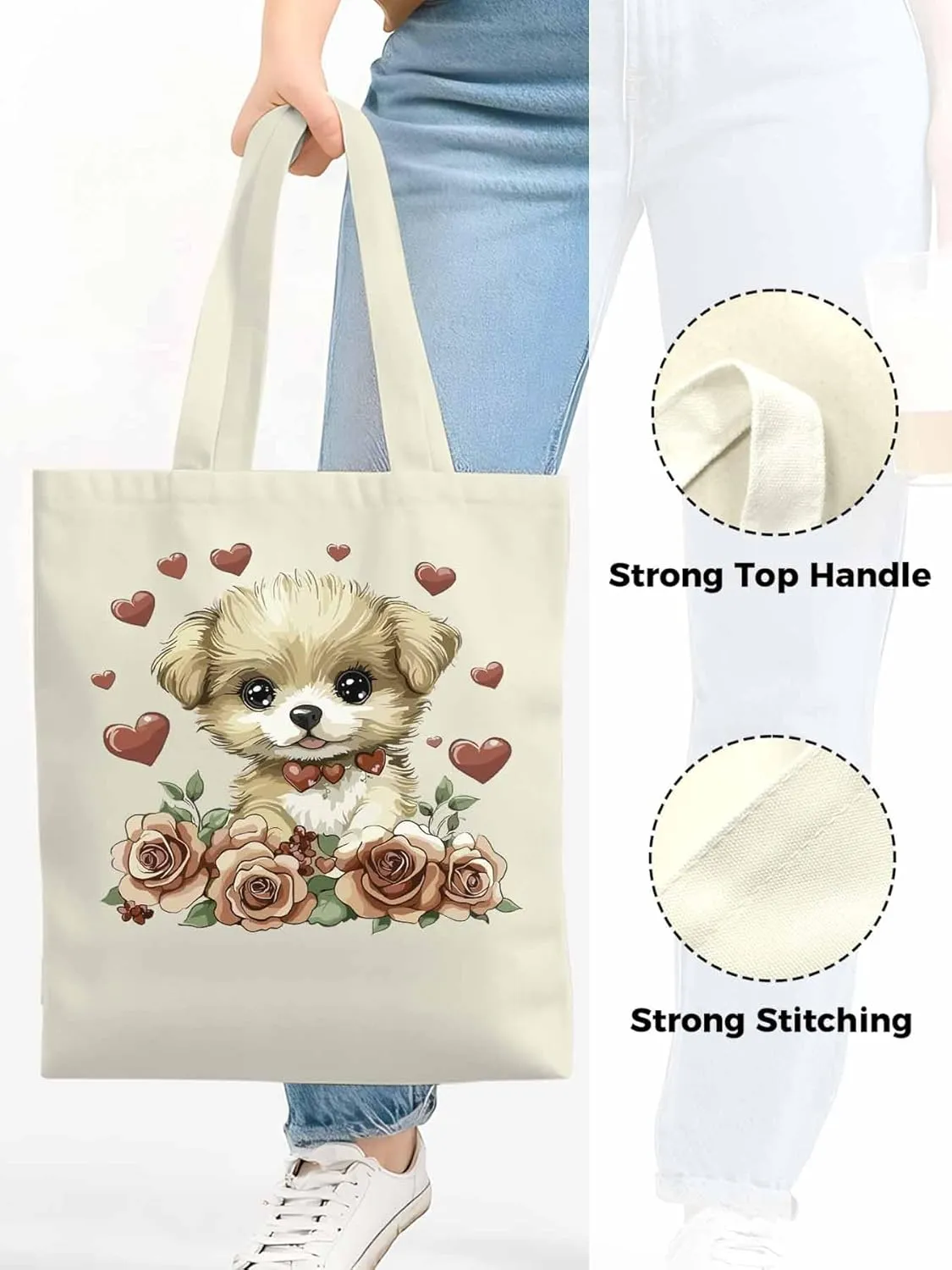 Canvas Tote Bag, Valentine's Day Aesthetic Canvas Tote Handbags for Women Shoulder Bag Cute Dog Cartoon