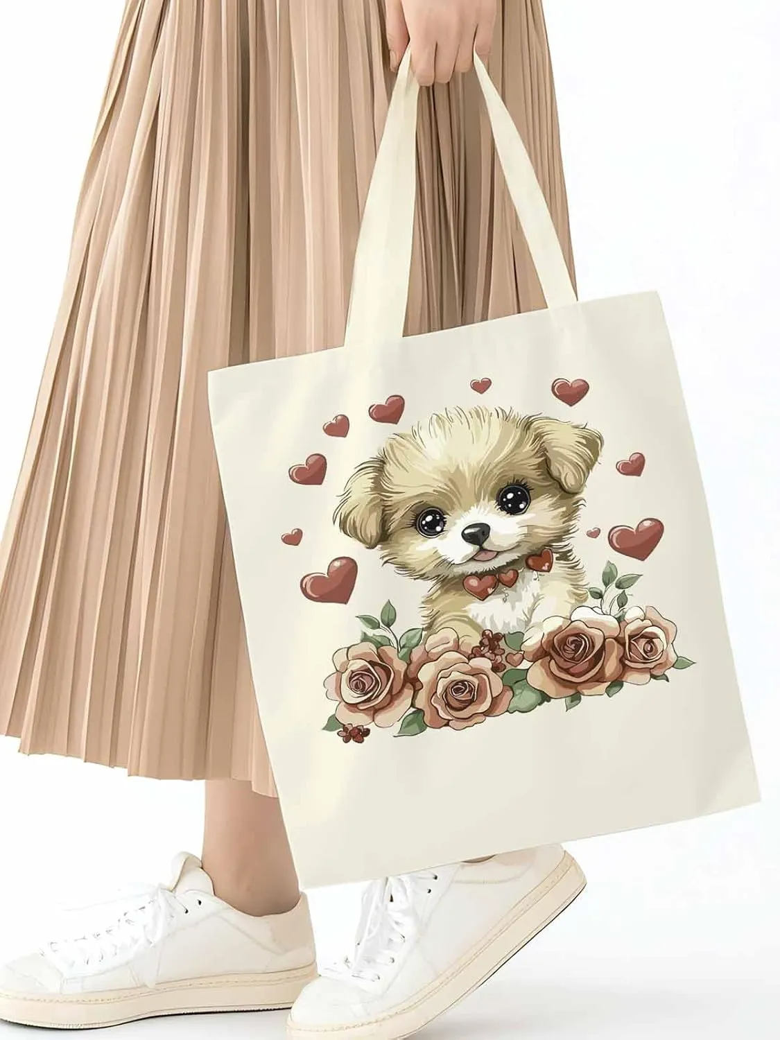 Canvas Tote Bag, Valentine's Day Aesthetic Canvas Tote Handbags for Women Shoulder Bag Cute Dog Cartoon