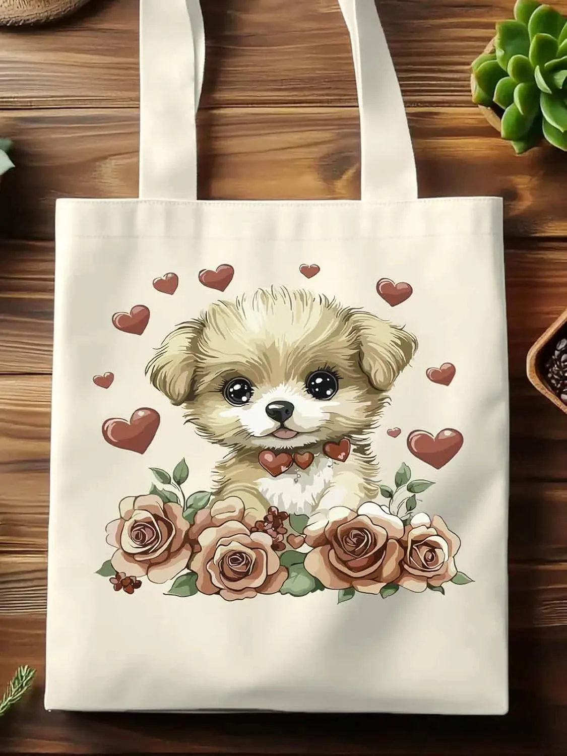 Canvas Tote Bag, Valentine's Day Aesthetic Canvas Tote Handbags for Women Shoulder Bag Cute Dog Cartoon