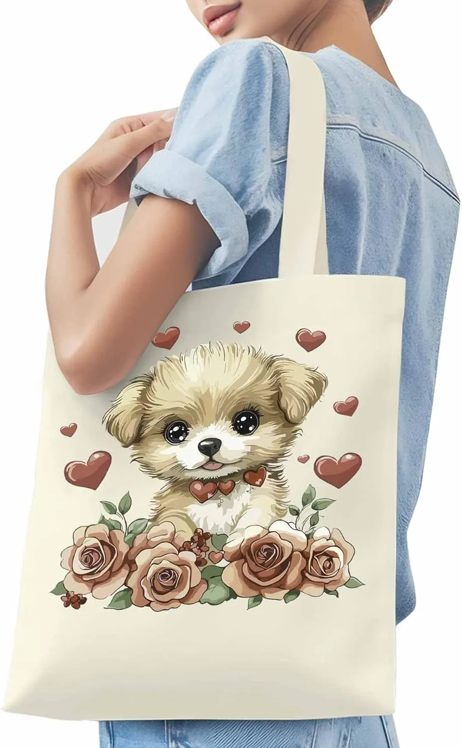 Canvas Tote Bag, Valentine's Day Aesthetic Canvas Tote Handbags for Women Shoulder Bag Cute Dog Cartoon