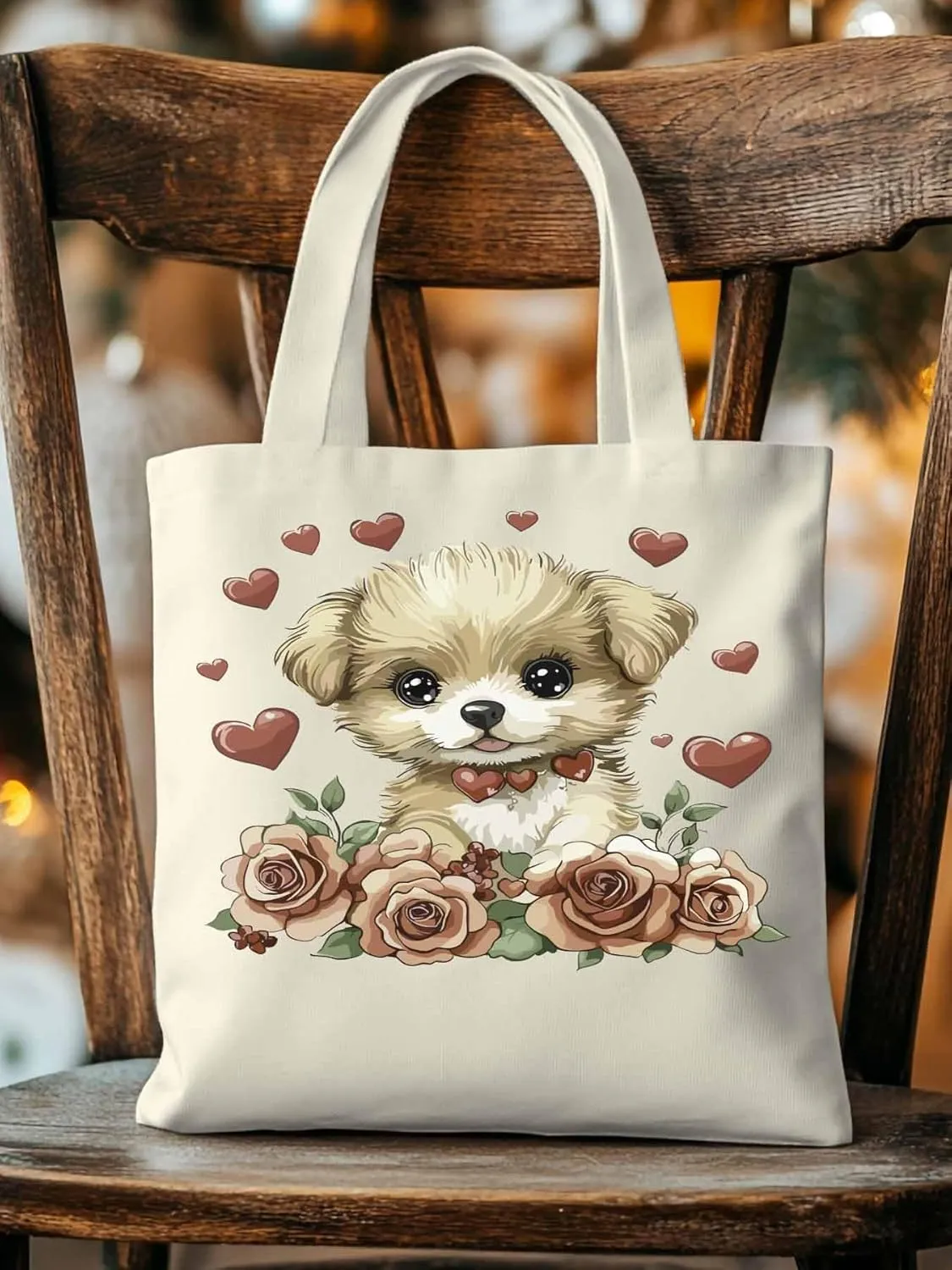 Canvas Tote Bag, Valentine's Day Aesthetic Canvas Tote Handbags for Women Shoulder Bag Cute Dog Cartoon