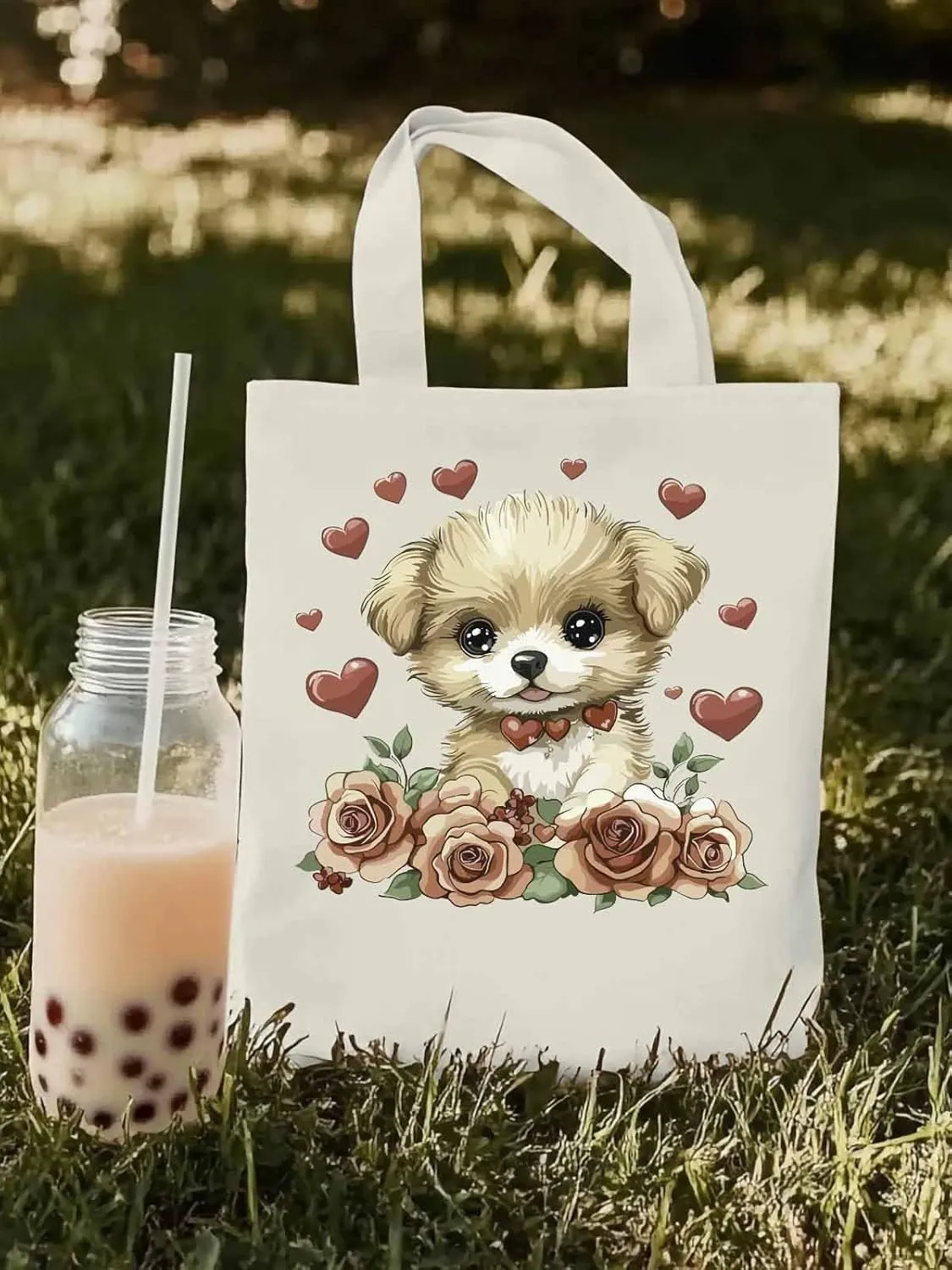 Canvas Tote Bag, Valentine's Day Aesthetic Canvas Tote Handbags for Women Shoulder Bag Cute Dog Cartoon