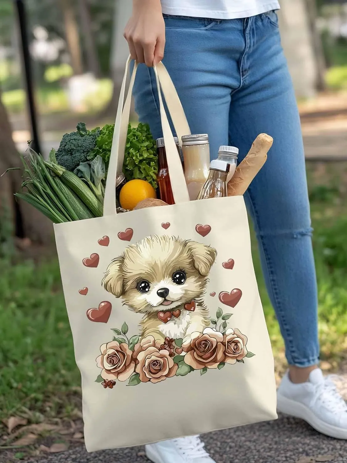 Canvas Tote Bag, Valentine's Day Aesthetic Canvas Tote Handbags for Women Shoulder Bag Cute Dog Cartoon