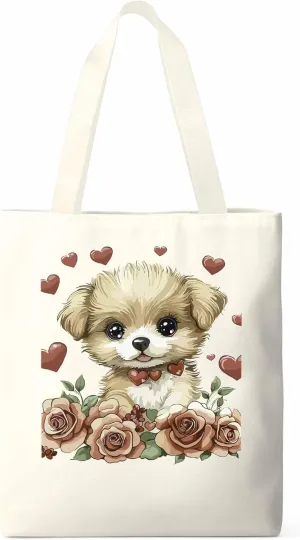Canvas Tote Bag, Valentine's Day Aesthetic Canvas Tote Handbags for Women Shoulder Bag Cute Dog Cartoon