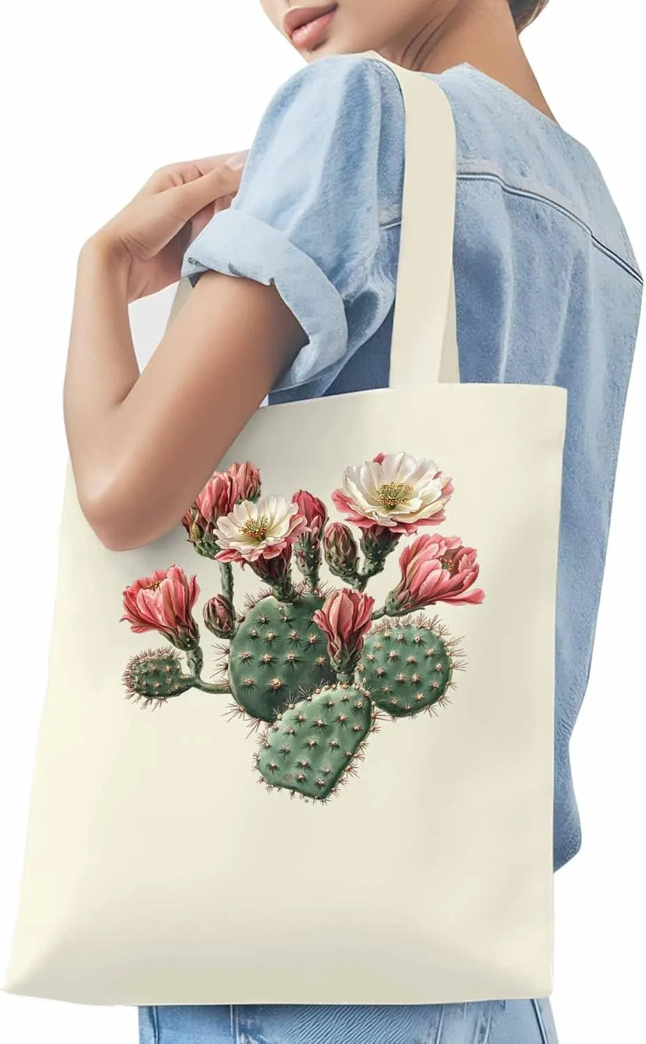 Canvas Tote Bag, Watercolor Cacti Floral Print patterned Canvas Tote Handbags for Women Shoulder Bag,