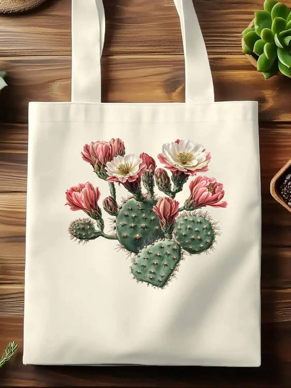 Canvas Tote Bag, Watercolor Cacti Floral Print patterned Canvas Tote Handbags for Women Shoulder Bag,