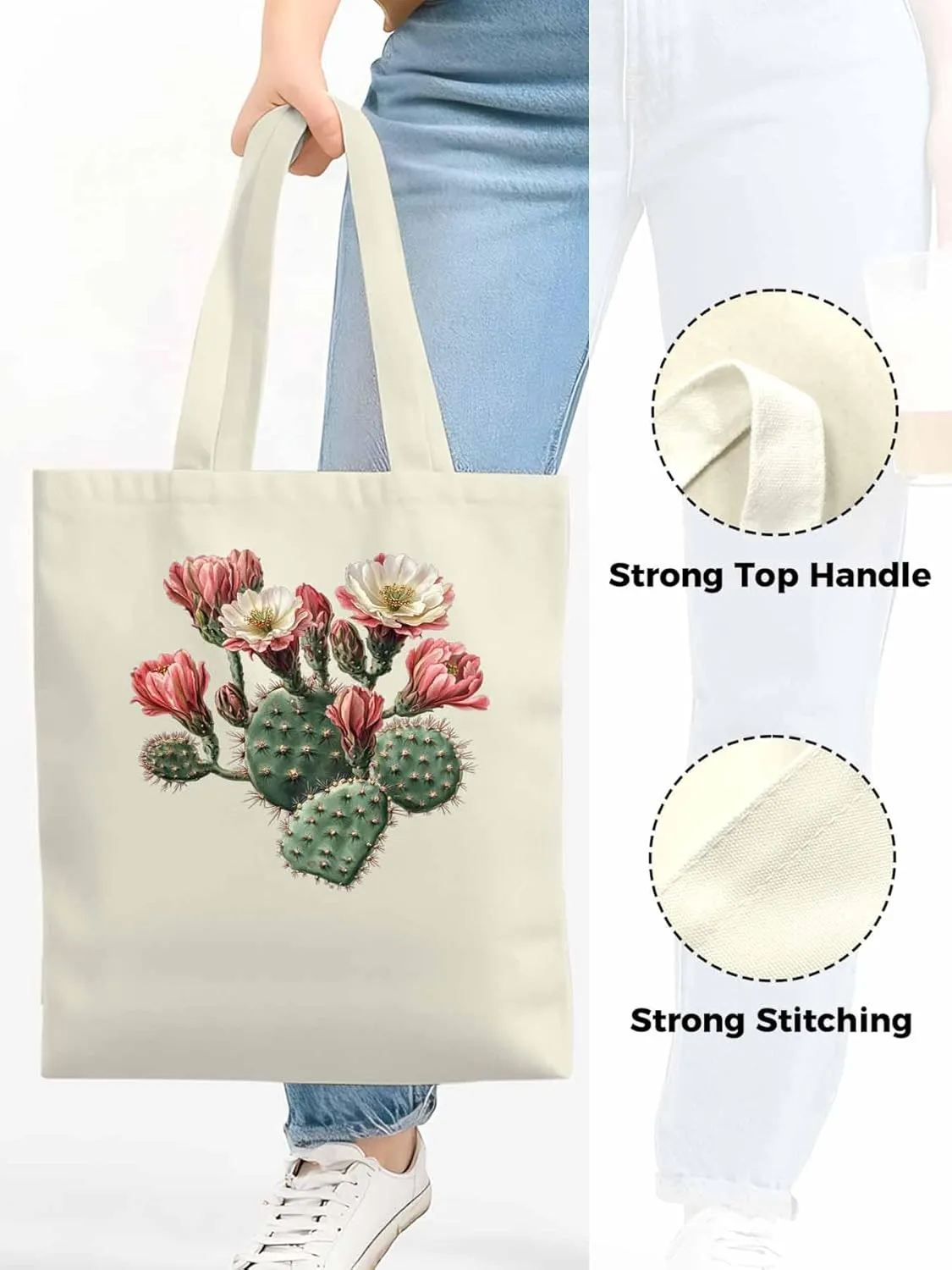 Canvas Tote Bag, Watercolor Cacti Floral Print patterned Canvas Tote Handbags for Women Shoulder Bag,
