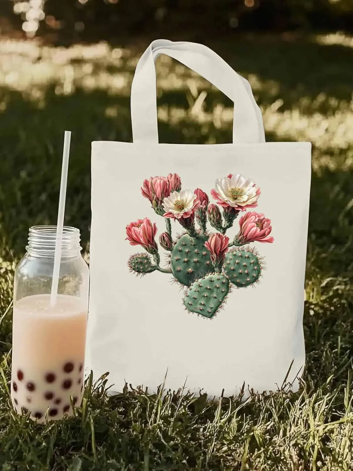 Canvas Tote Bag, Watercolor Cacti Floral Print patterned Canvas Tote Handbags for Women Shoulder Bag,