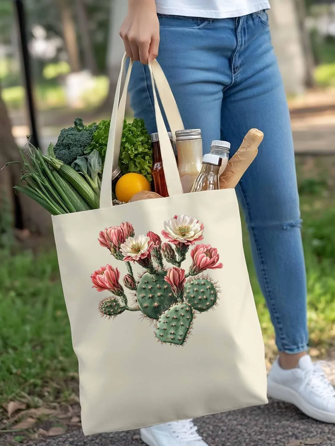 Canvas Tote Bag, Watercolor Cacti Floral Print patterned Canvas Tote Handbags for Women Shoulder Bag,