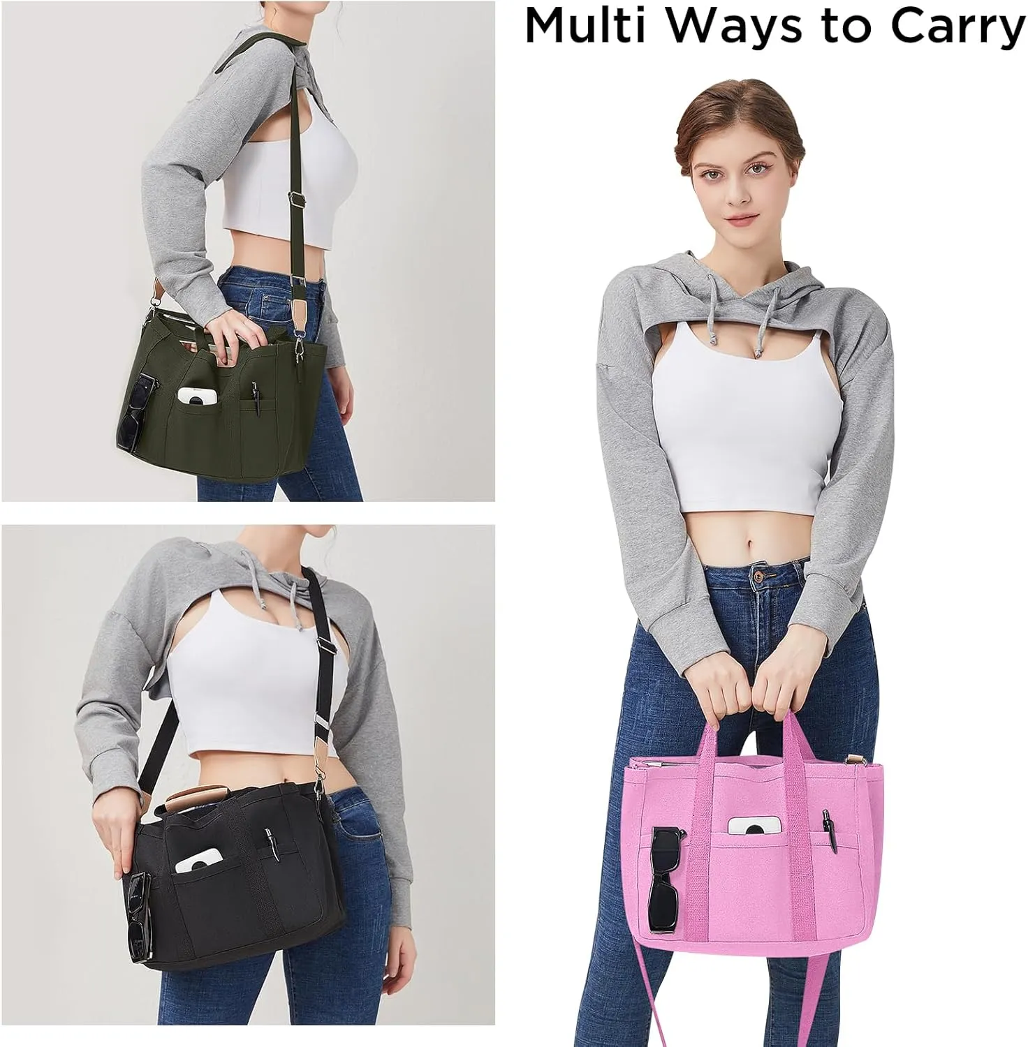 Canvas Tote Bag with Multi Pockets Crossbody Tote Bag for Women Bible Handbag Everything Tote Bags with Compartments