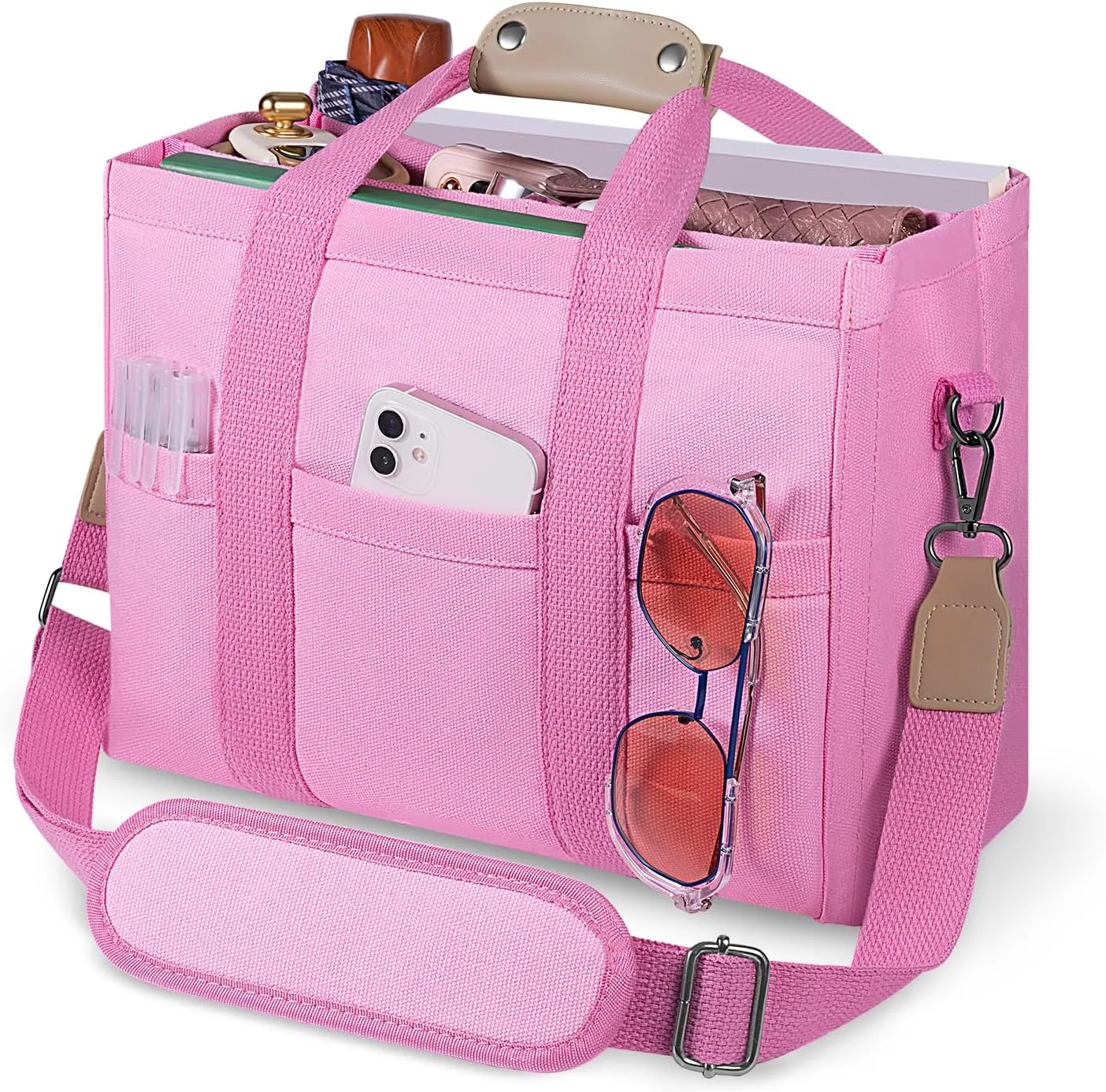 Canvas Tote Bag with Multi Pockets Crossbody Tote Bag for Women Bible Handbag Everything Tote Bags with Compartments