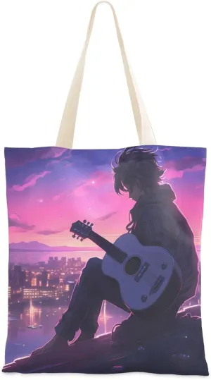 Canvas Tote Bags Character Playing Guitar on The City Rooftop Multi-Purpose Reusable Canvas Bags Use for Grocery Bags,Shopping Bags,Gift Bags