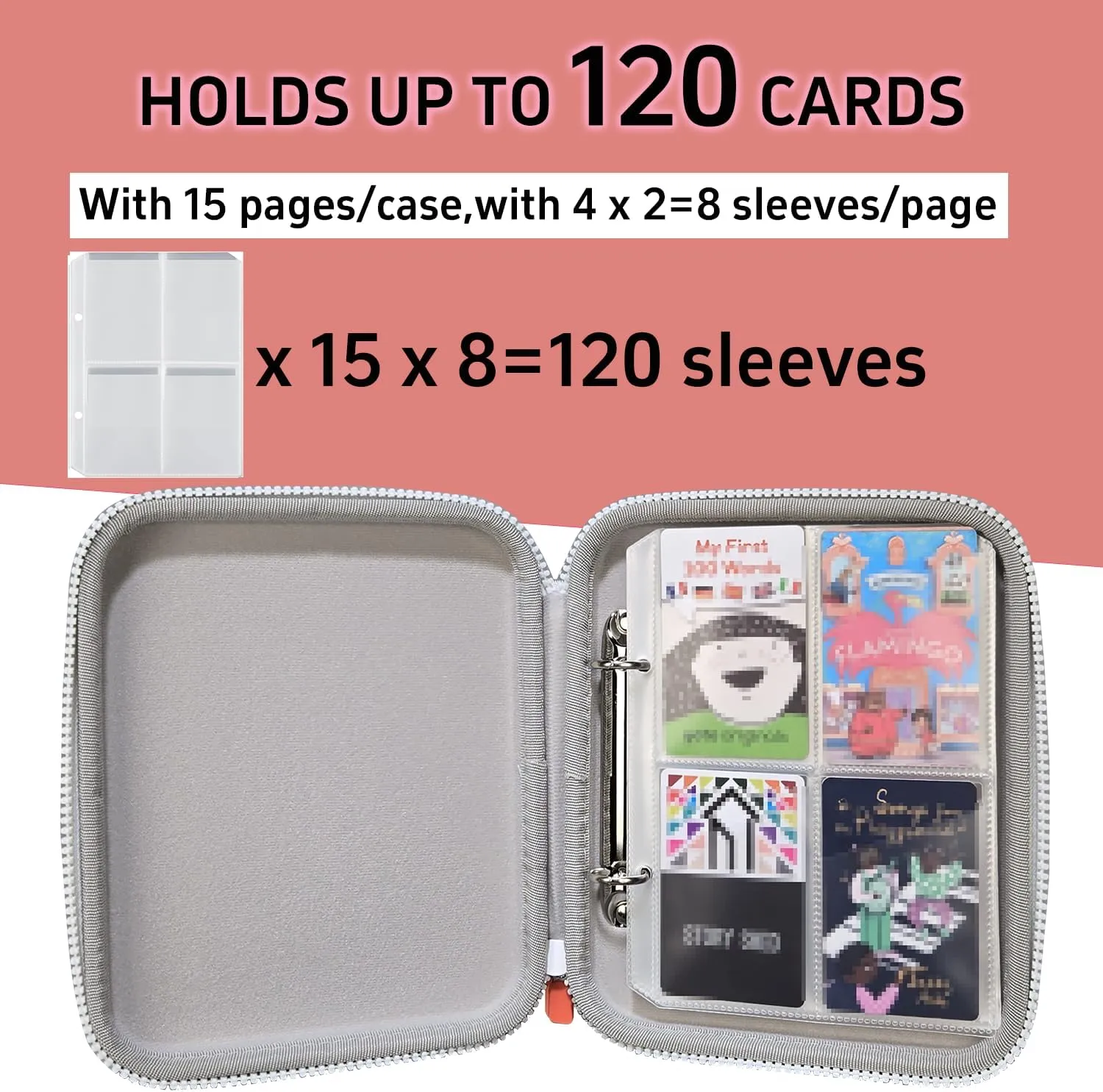 Card Holder for YOTO Player Cards - 120 Pockets Portable Binder with Zipper, Carry Strap & Sleeves for Yoto Player/Mini Audiobook Cards, Travel-Friendly Hard Storage Organizer(Pink)