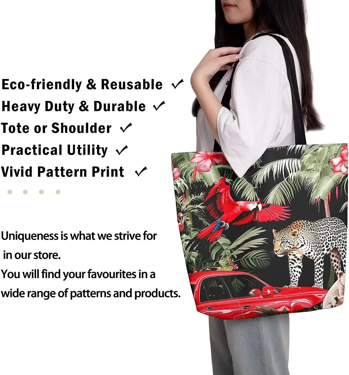 Cardinal Bird Canvas Tote Bag,Red Sparrows Tote Bag,Cheetah Shopping Grocery Bags,Tropical Plant Shoulder Bag