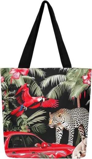 Cardinal Bird Canvas Tote Bag,Red Sparrows Tote Bag,Cheetah Shopping Grocery Bags,Tropical Plant Shoulder Bag