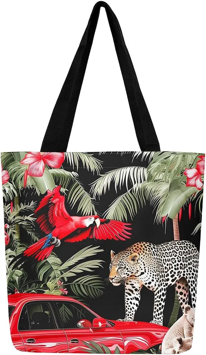 Cardinal Bird Canvas Tote Bag,Red Sparrows Tote Bag,Cheetah Shopping Grocery Bags,Tropical Plant Shoulder Bag