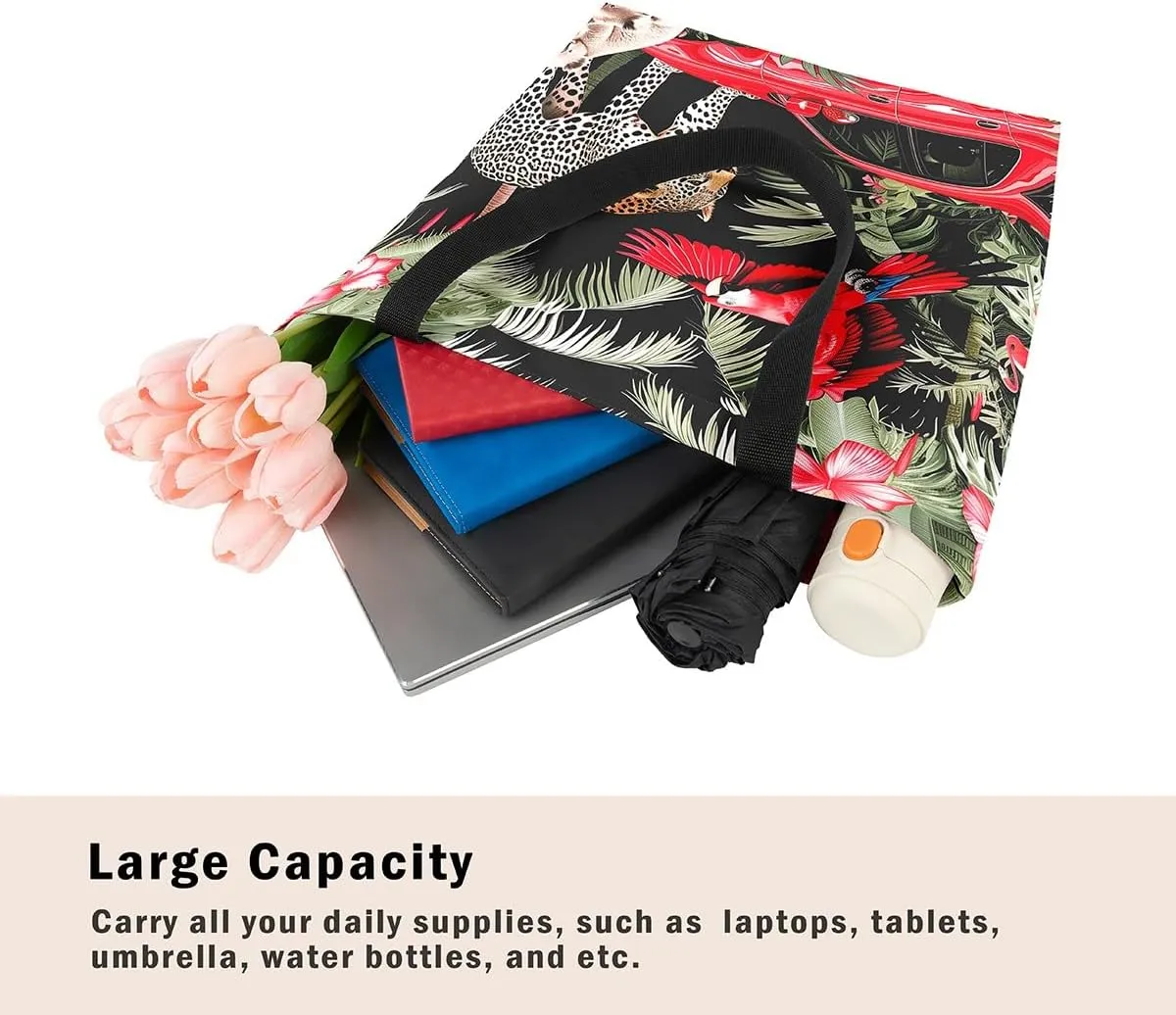 Cardinal Bird Canvas Tote Bag,Red Sparrows Tote Bag,Cheetah Shopping Grocery Bags,Tropical Plant Shoulder Bag