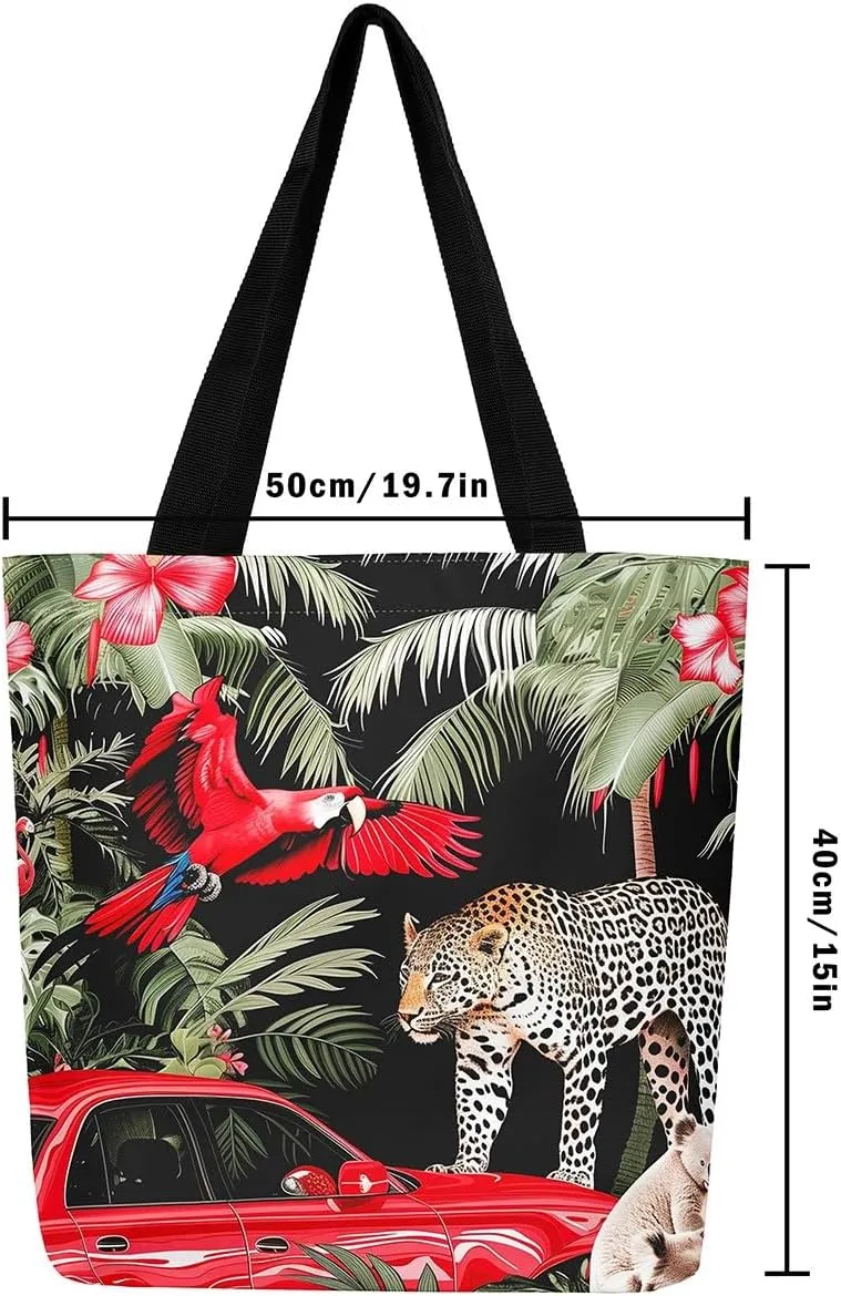 Cardinal Bird Canvas Tote Bag,Red Sparrows Tote Bag,Cheetah Shopping Grocery Bags,Tropical Plant Shoulder Bag