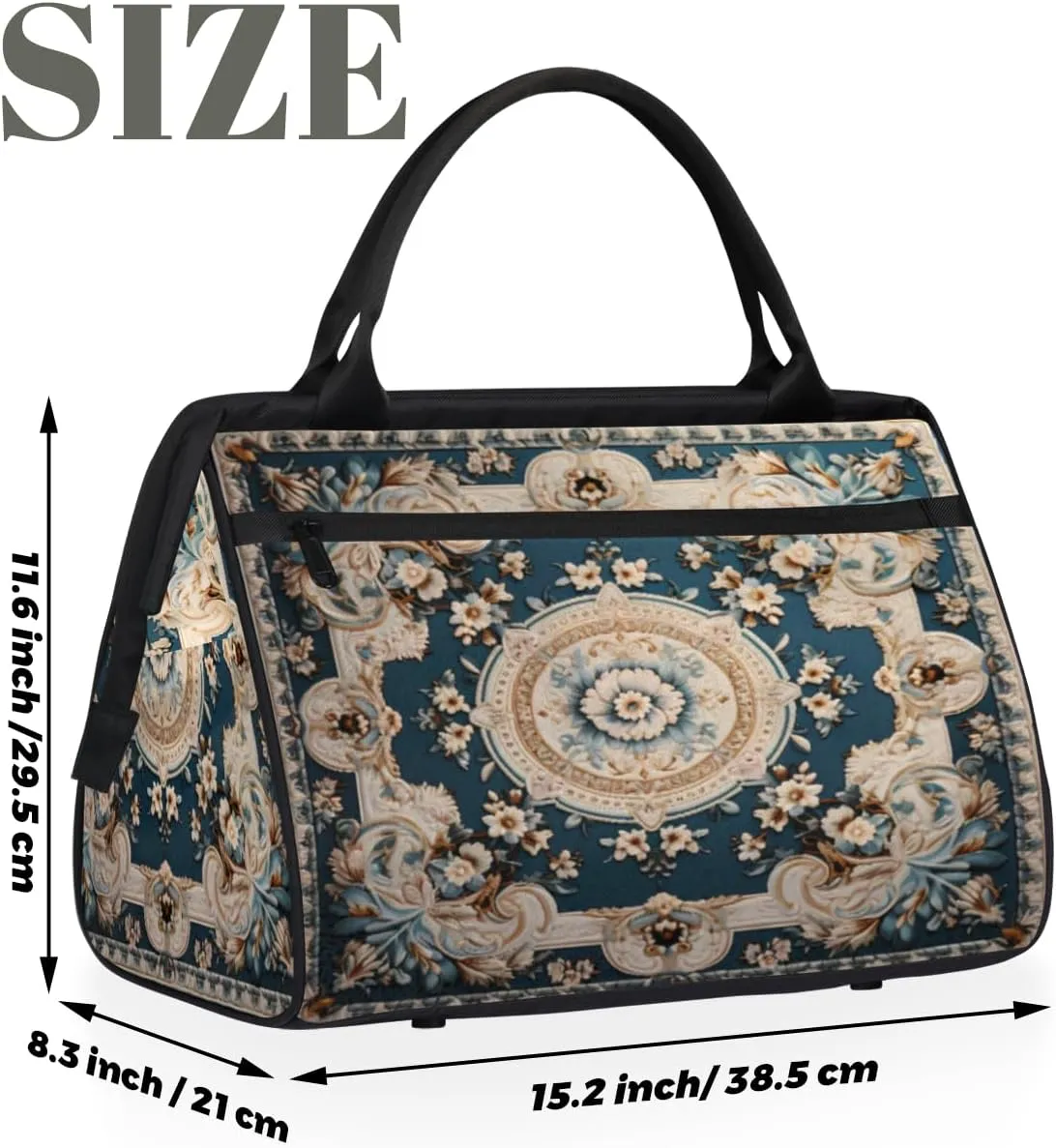 Carpet Flowers Patterns Gym Bag for Women Men, Travel Sports Duffel Bag with Trolley Sleeve, Waterproof Sports Gym Bag Weekender Overnight Bag Carry On Tote Bag for Travel Gym Sport