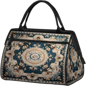 Carpet Flowers Patterns Gym Bag for Women Men, Travel Sports Duffel Bag with Trolley Sleeve, Waterproof Sports Gym Bag Weekender Overnight Bag Carry On Tote Bag for Travel Gym Sport