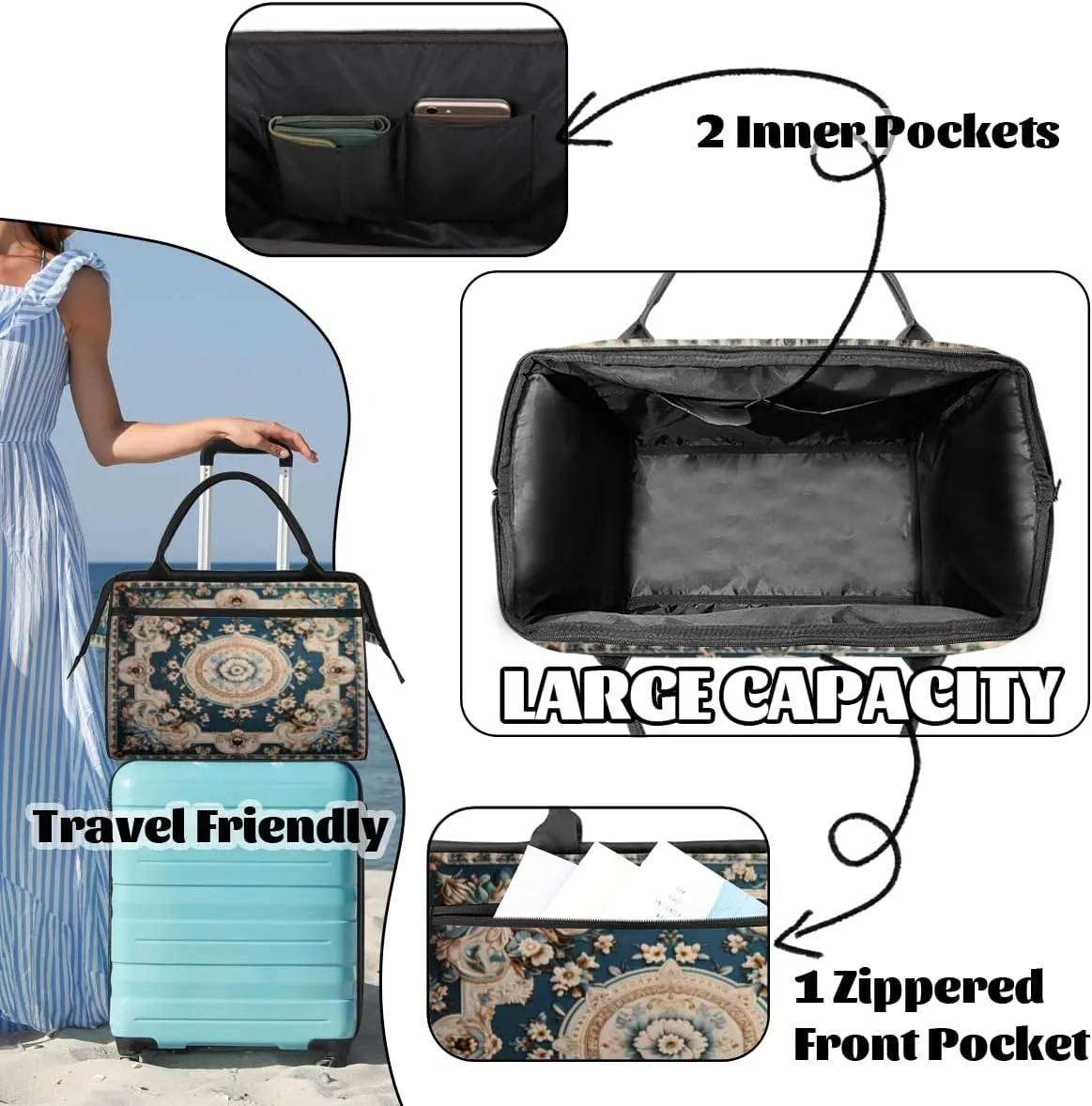 Carpet Flowers Patterns Gym Bag for Women Men, Travel Sports Duffel Bag with Trolley Sleeve, Waterproof Sports Gym Bag Weekender Overnight Bag Carry On Tote Bag for Travel Gym Sport