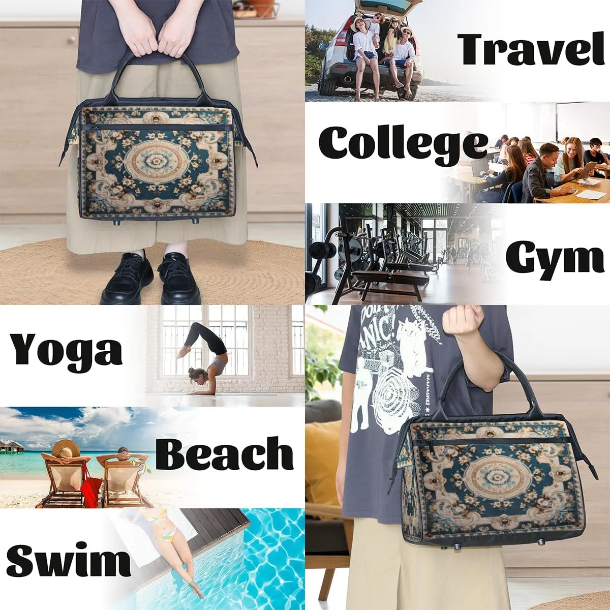 Carpet Flowers Patterns Gym Bag for Women Men, Travel Sports Duffel Bag with Trolley Sleeve, Waterproof Sports Gym Bag Weekender Overnight Bag Carry On Tote Bag for Travel Gym Sport