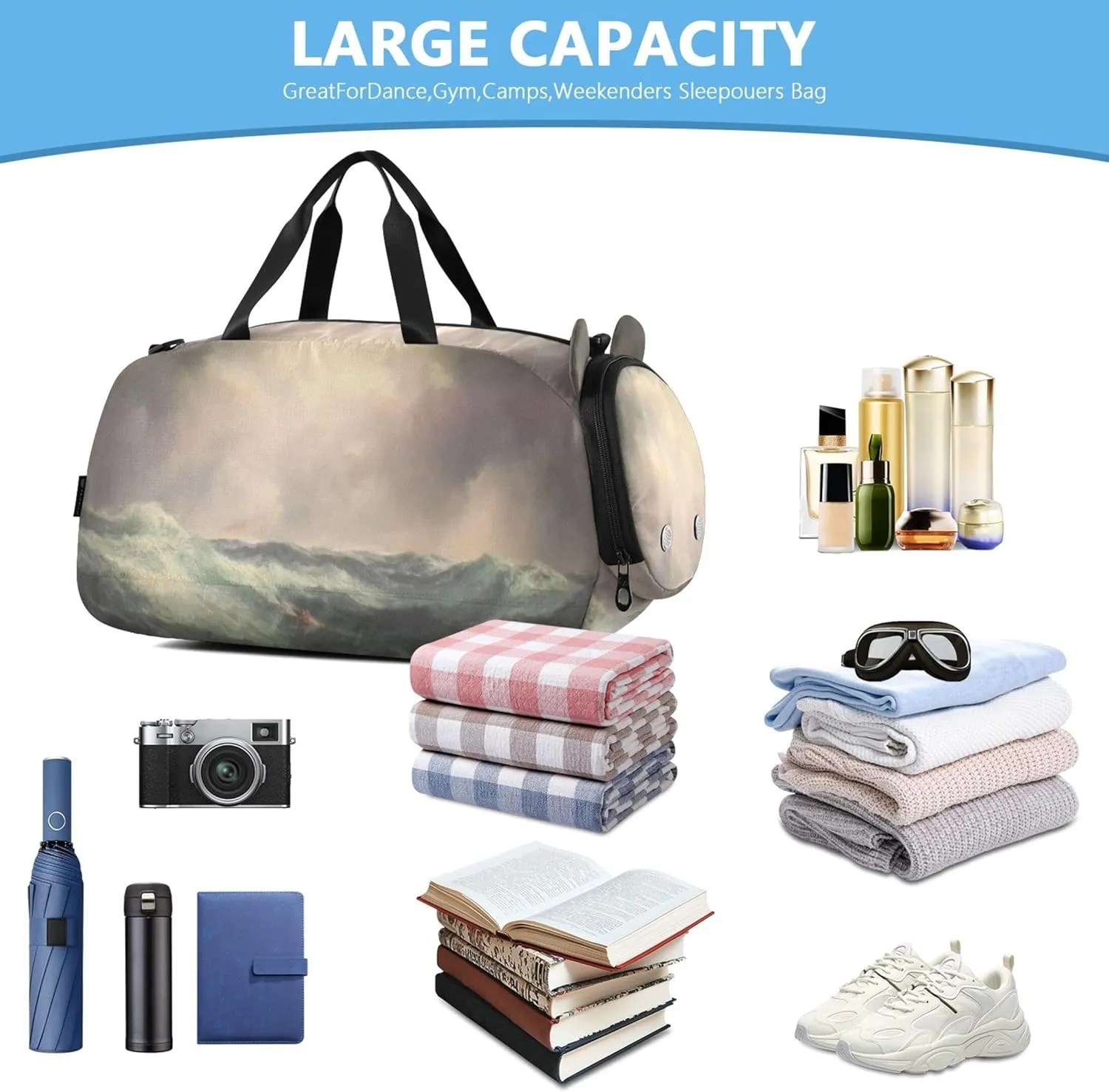 Carry on Duffel Bag Boy Toddler Weekender Bags Angry Sea Thomas Moran Print Travel Duffle Bags Girls Tote Shoe Compartment