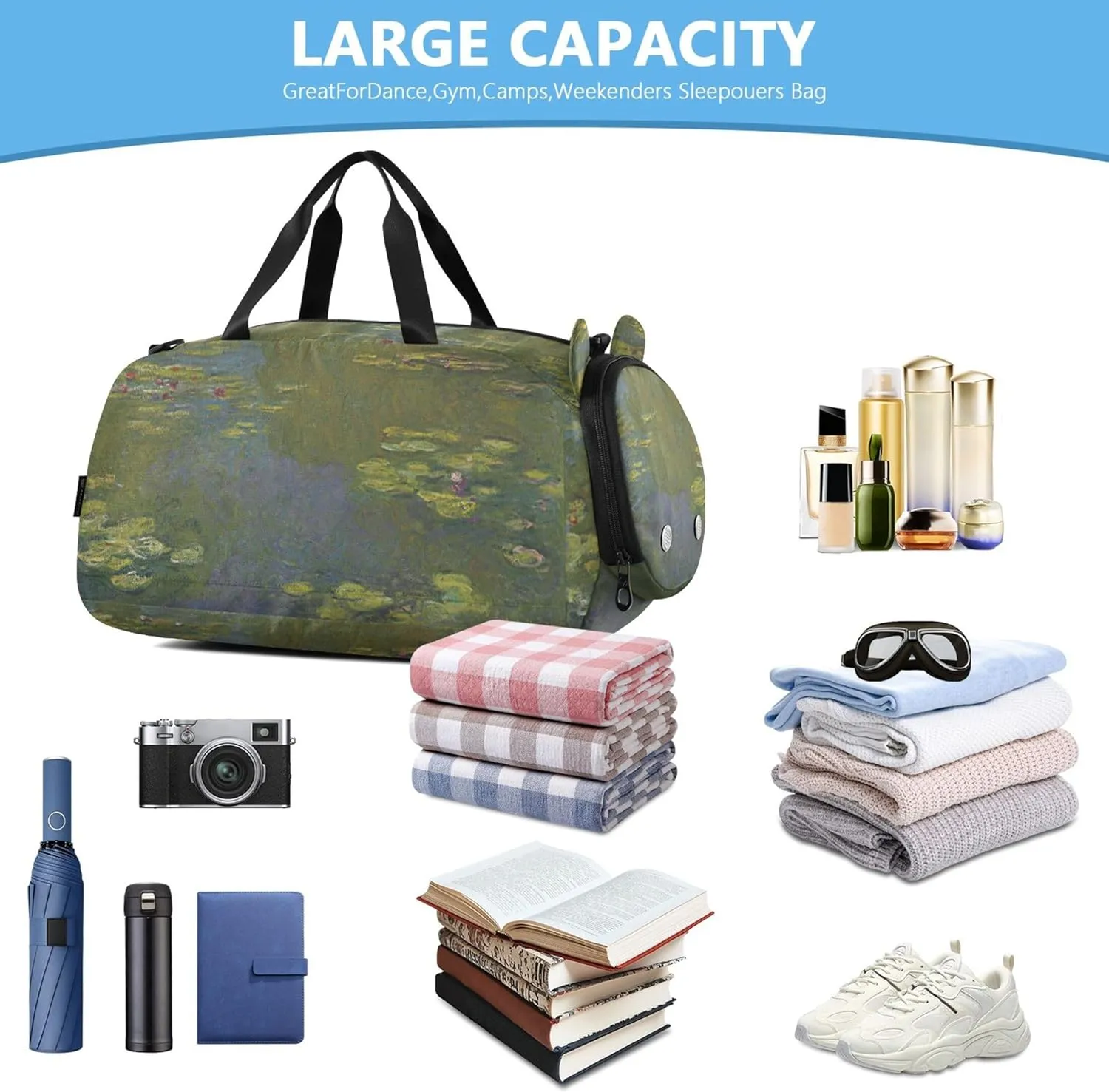 Carry on Duffel Bag Boys Toddler Weekender Bags Water Lilies Claude Monet Nymphéas Travel Duffle Bags Girls Tote Sports Dance Bag
