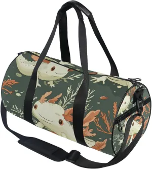 Cartoon Axolotl and Seaweed Green Gym Duffle Bag Women Men Sports Fitness Bag for Travel Workout Gymnastics Dance Ballet