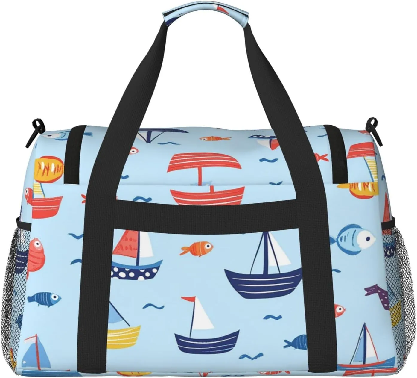 Cartoon Boats Fish Duffle Bag Foldable Travel Tote Bag Carry On Large Weekender Overnight Bags Waterproof Gym Bag For Women Men