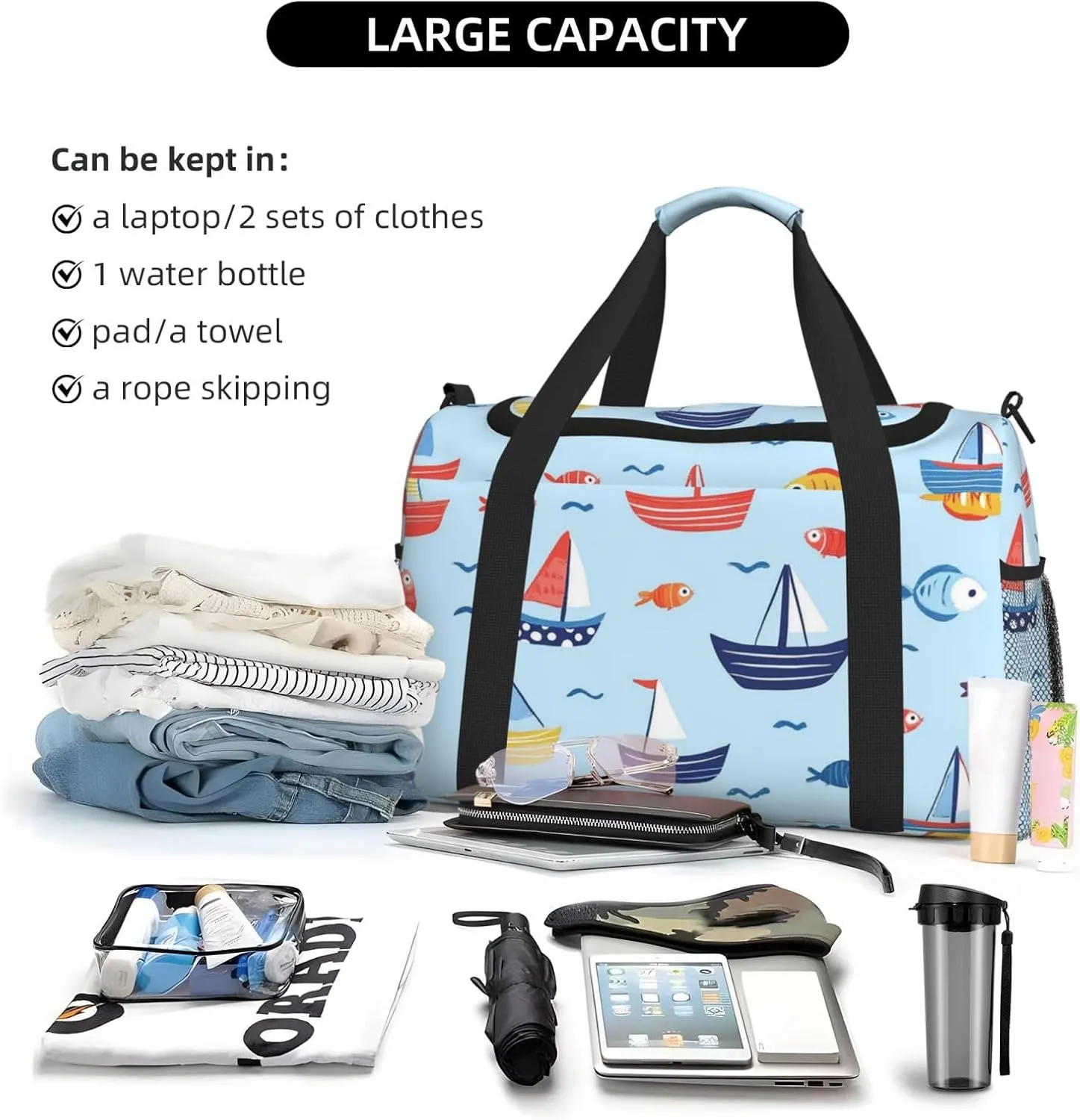 Cartoon Boats Fish Duffle Bag Foldable Travel Tote Bag Carry On Large Weekender Overnight Bags Waterproof Gym Bag For Women Men
