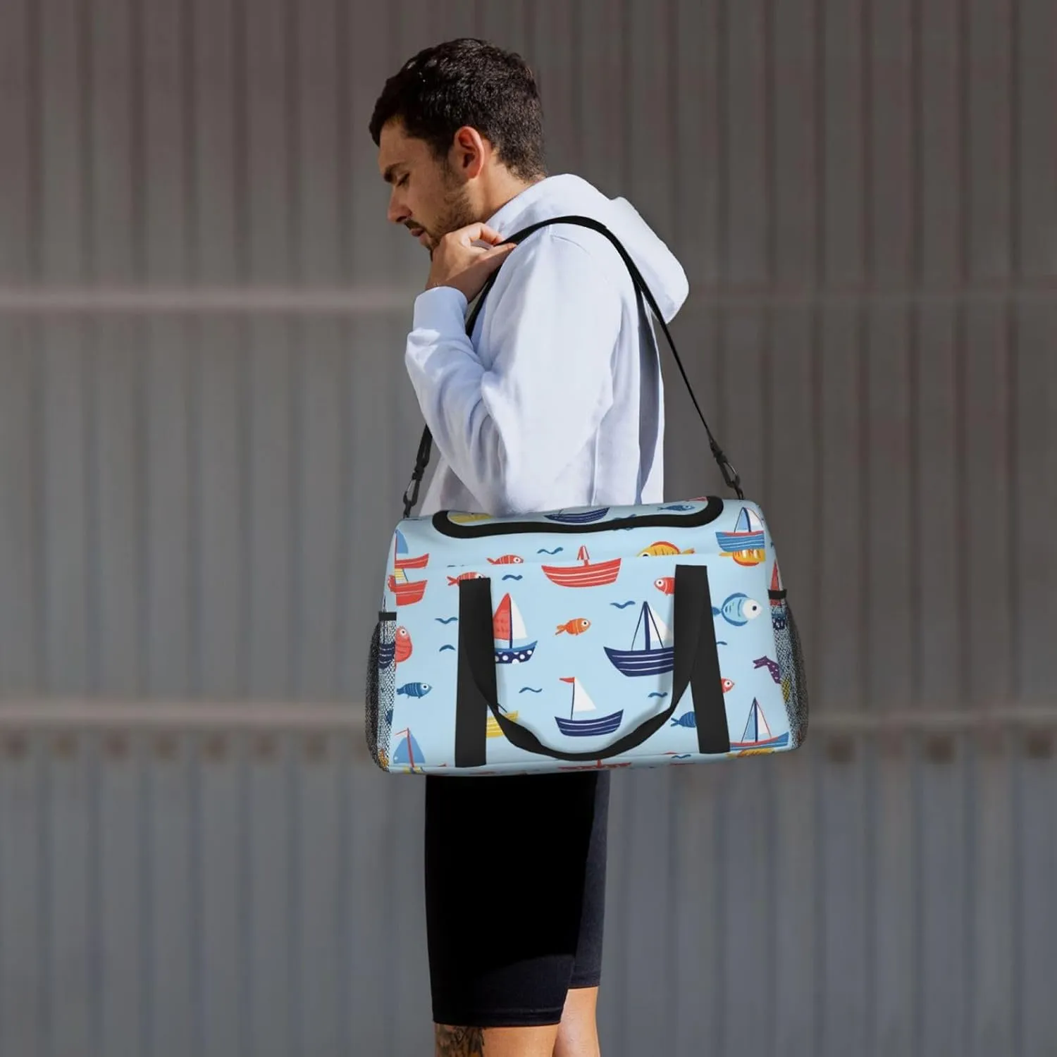 Cartoon Boats Fish Duffle Bag Foldable Travel Tote Bag Carry On Large Weekender Overnight Bags Waterproof Gym Bag For Women Men