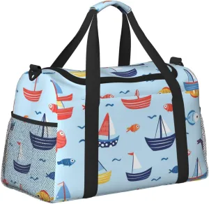 Cartoon Boats Fish Duffle Bag Foldable Travel Tote Bag Carry On Large Weekender Overnight Bags Waterproof Gym Bag For Women Men