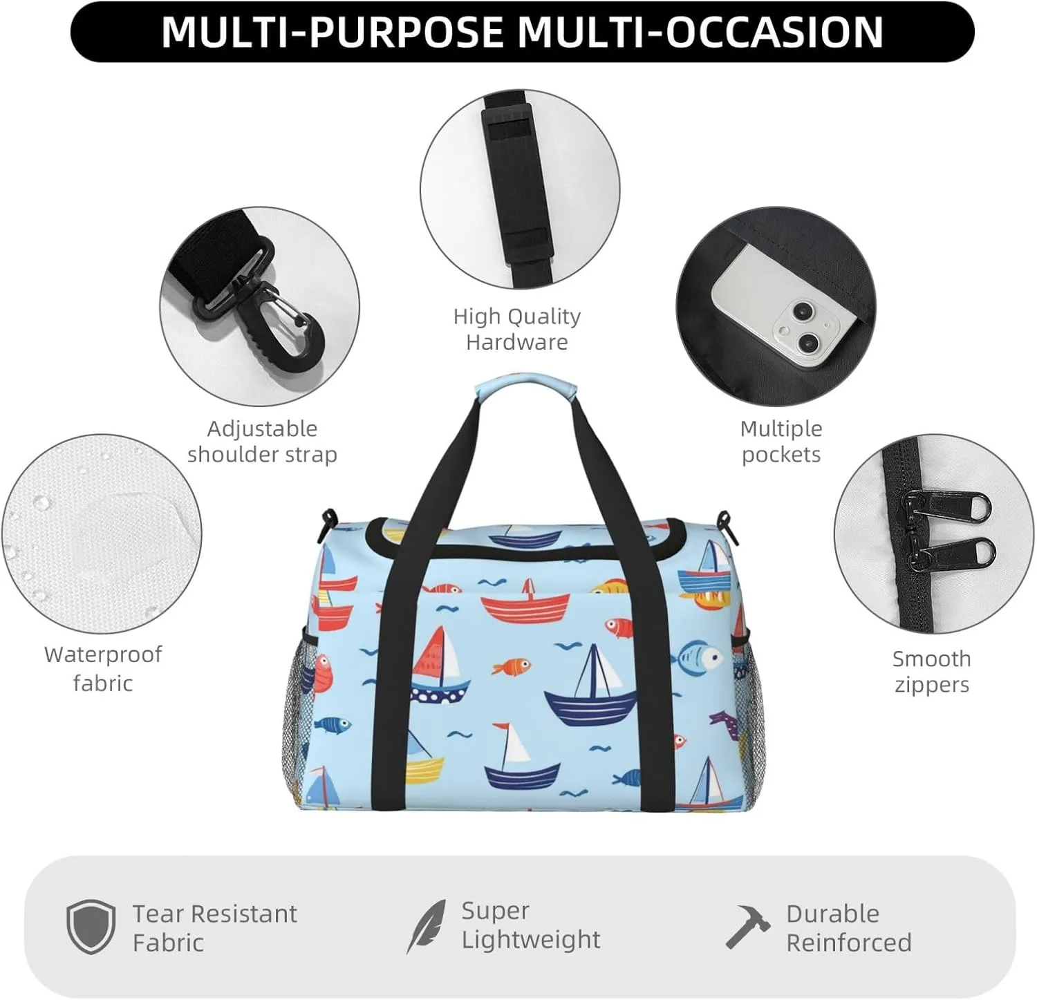 Cartoon Boats Fish Duffle Bag Foldable Travel Tote Bag Carry On Large Weekender Overnight Bags Waterproof Gym Bag For Women Men