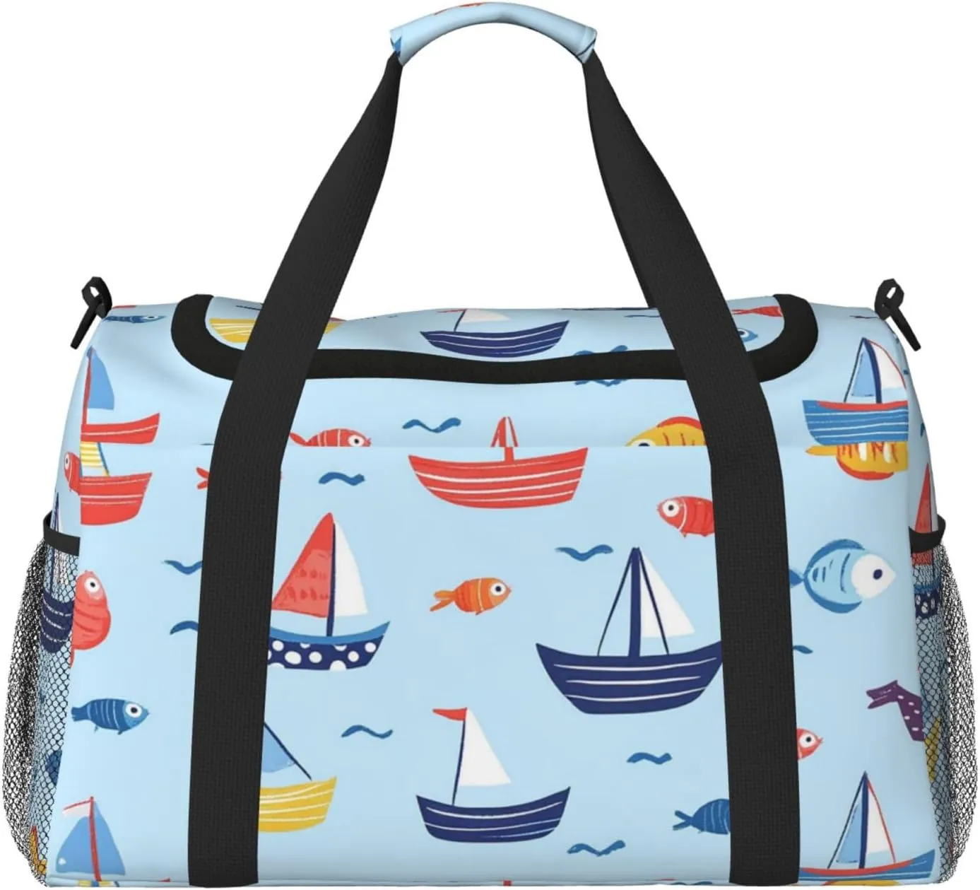 Cartoon Boats Fish Duffle Bag Foldable Travel Tote Bag Carry On Large Weekender Overnight Bags Waterproof Gym Bag For Women Men