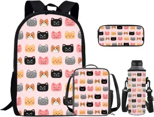 Cartoon Cat Teen Girls Backpacks Ages 8-10 Middle High School Bookbag Portable Bags for School for Girls Backpack and Lunch Box Set with Water Bottle Holder Make You Look Chic