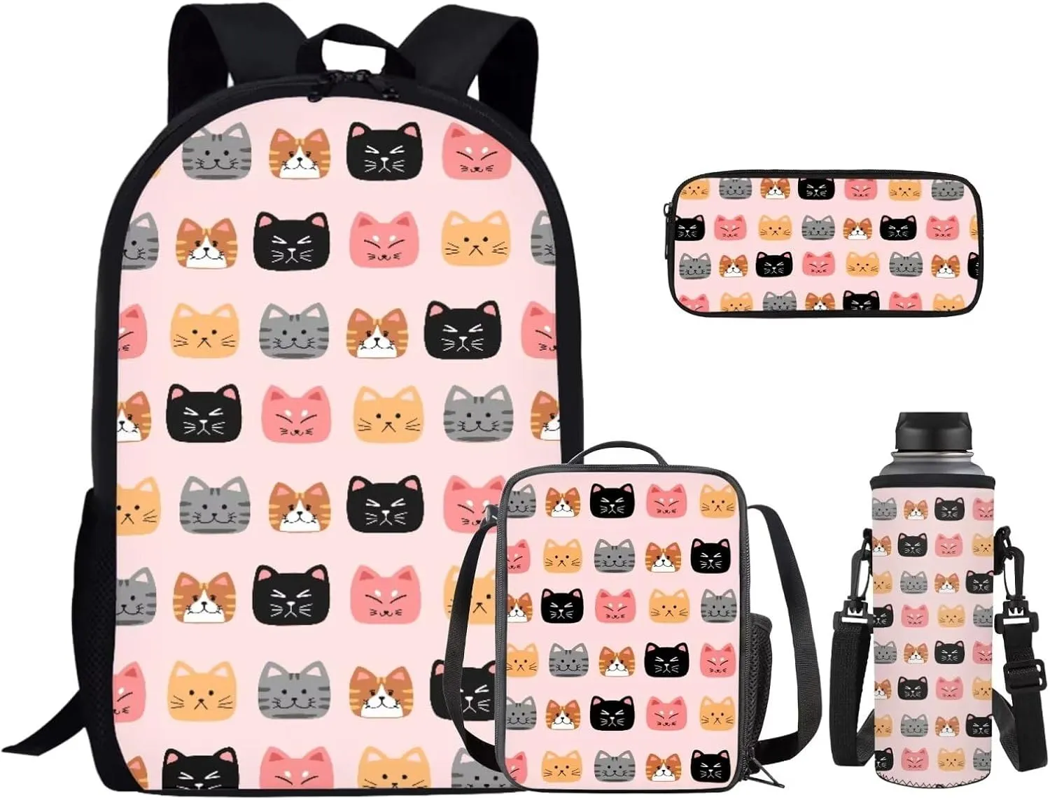 Cartoon Cat Teen Girls Backpacks Ages 8-10 Middle High School Bookbag Portable Bags for School for Girls Backpack and Lunch Box Set with Water Bottle Holder Make You Look Chic