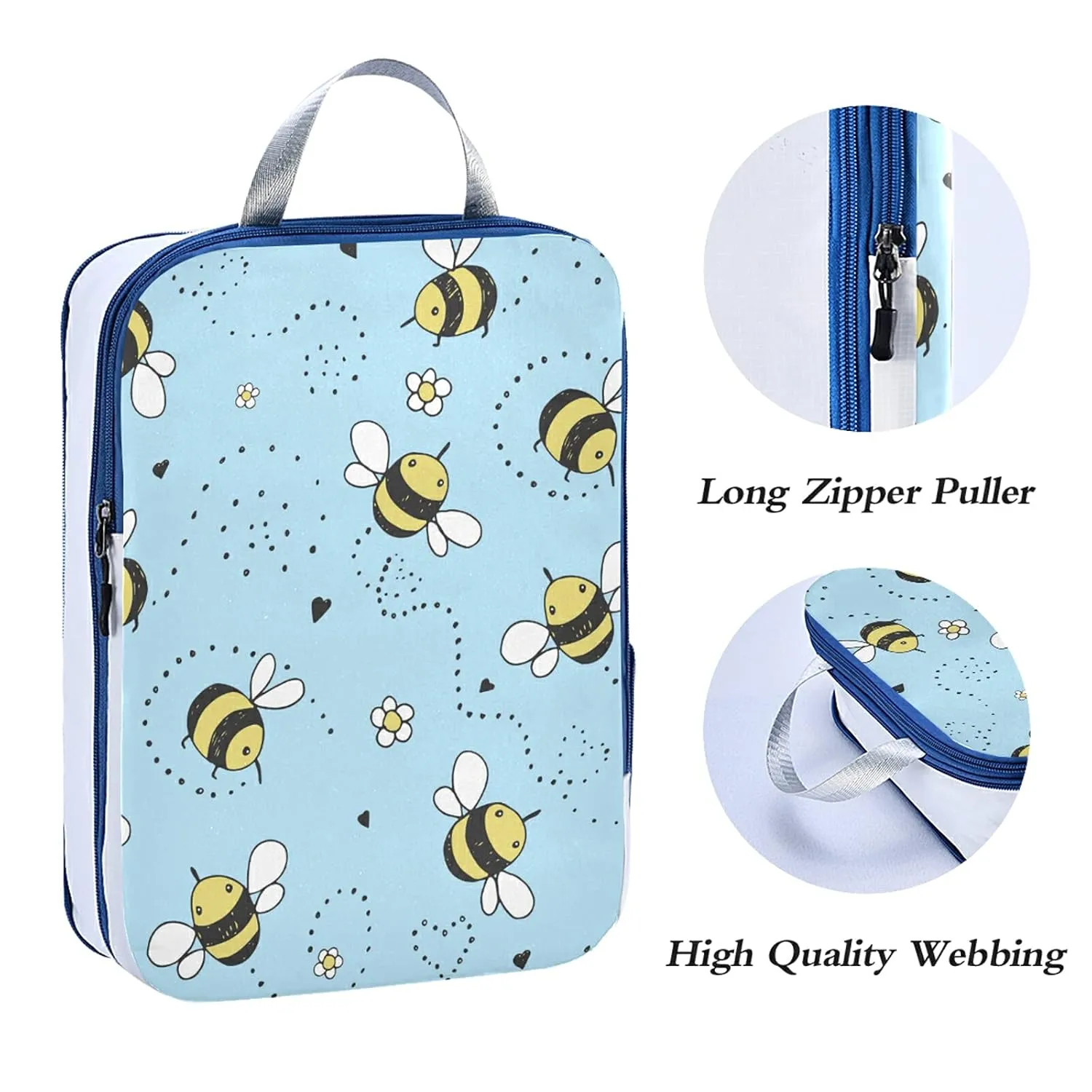 Cartoon Doodle Cute Flying Bees Seamless Line Flowers on Turquoise 3 Set Packing Cubes, Waterproof Check Oxford cloth Organizers, Travel Packing Toiletry Storage Bag
