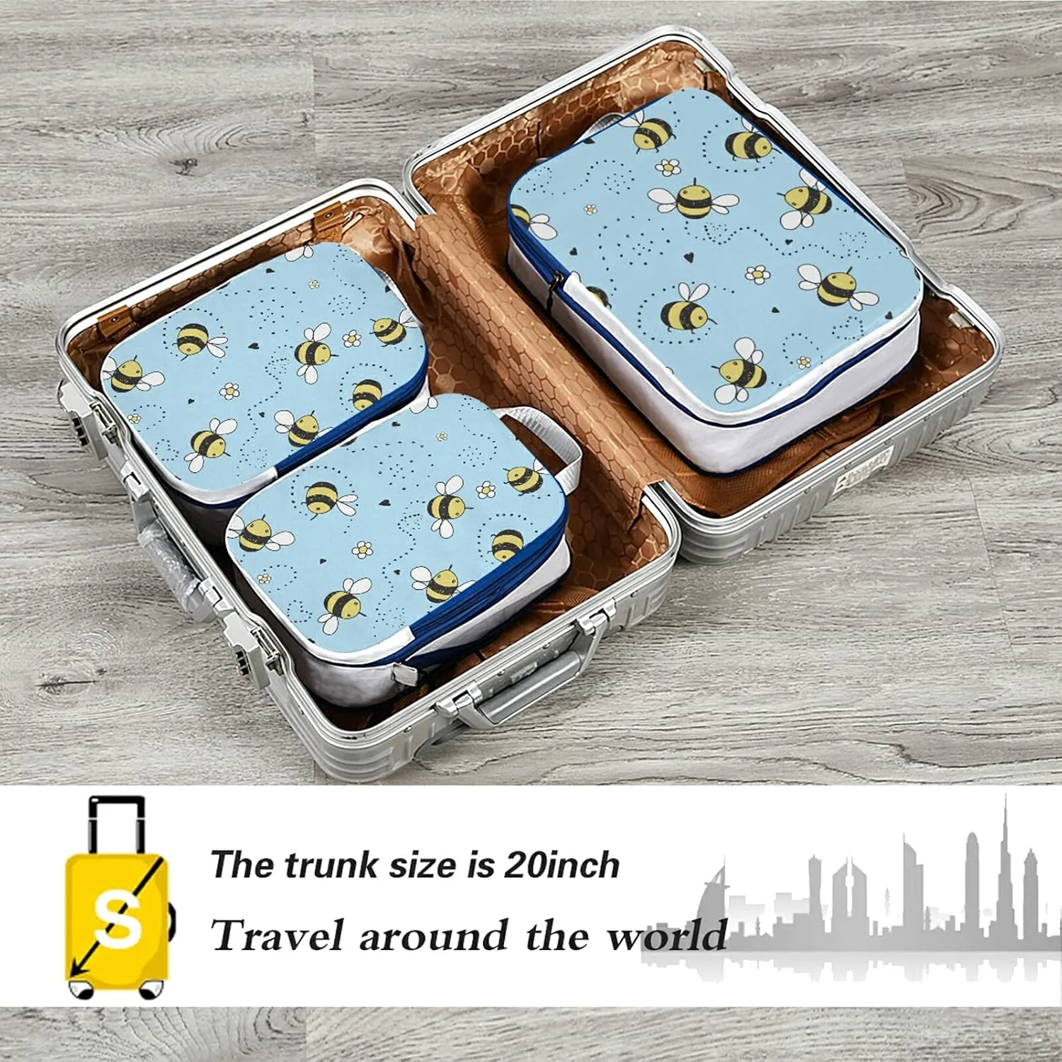 Cartoon Doodle Cute Flying Bees Seamless Line Flowers on Turquoise 3 Set Packing Cubes, Waterproof Check Oxford cloth Organizers, Travel Packing Toiletry Storage Bag
